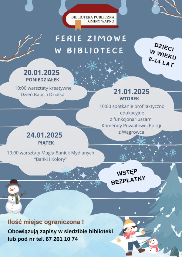 Plakat z harmonogramem wakacji 2024 z biblioteką 