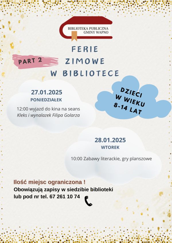 Plakat z harmonogramem wakacji 2024 z biblioteką 