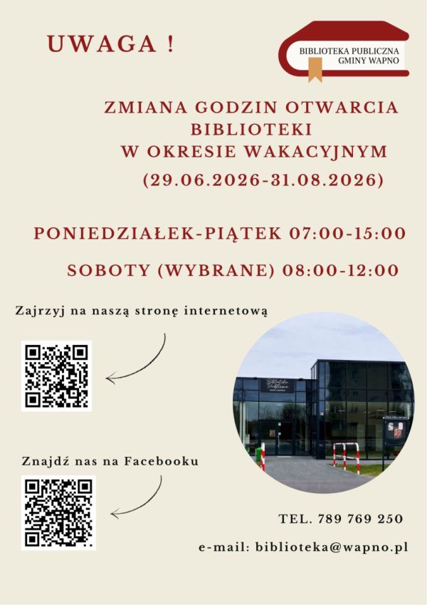 Zdjęcie Wakacyjne godziny otwarcia Biblioteki
