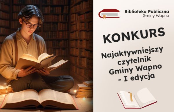 Chłopiec czytający książkę w otoczeniu książek i świec, oraz nazwa konkursu