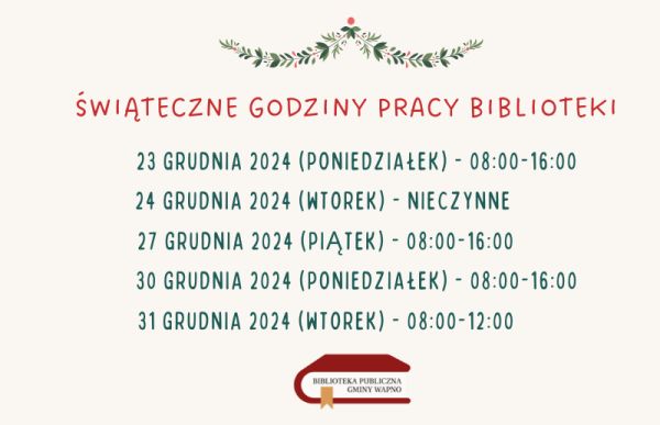 Harmonogram zmian godzin pracy w okresie świątecznym. 